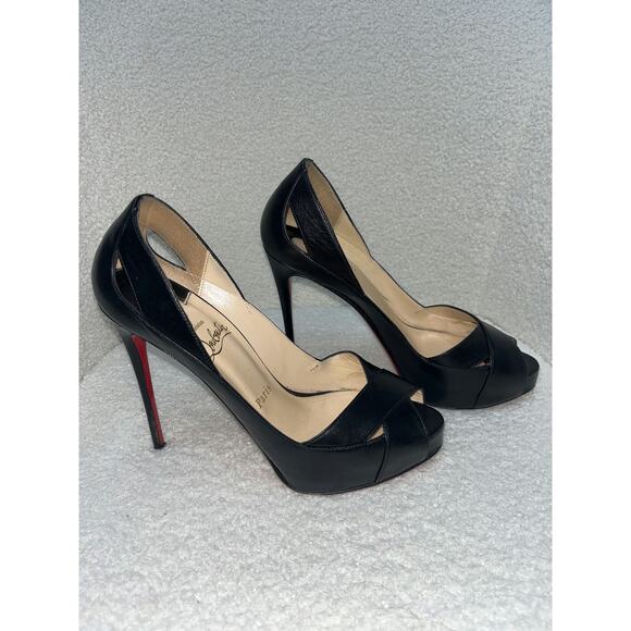 Christian Louboutin Black Leather Peep Toe Heels - Size 37 - Picture 3 of 4